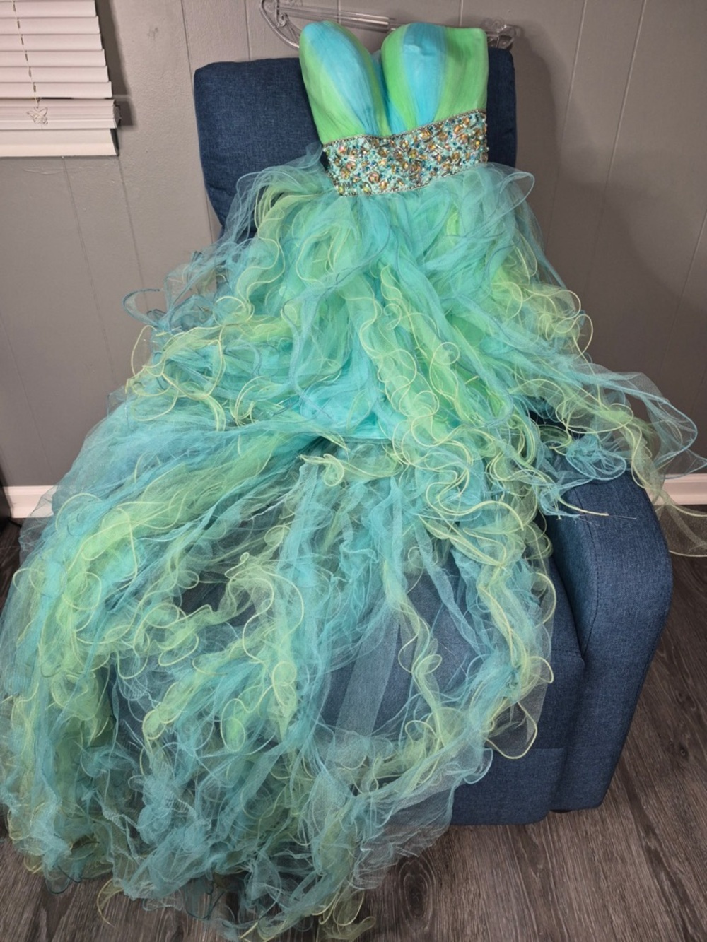 Anny Lee Aqua and Lime Ruffle Strapless Prom Dress